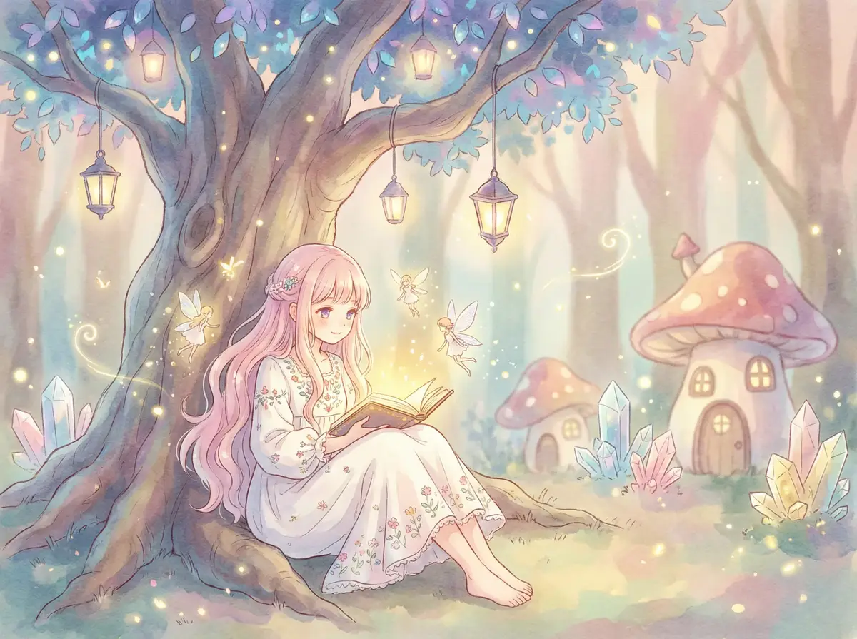 茄子官网 - 魔法森林中阅读故事书的粉发少女与精灵